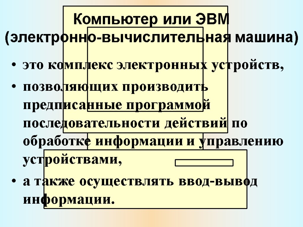 Компьютер или ЭВМ (электронно-вычислительная машина) это комплекс электронных устройств, позволяющих производить предписанные программой последовательности